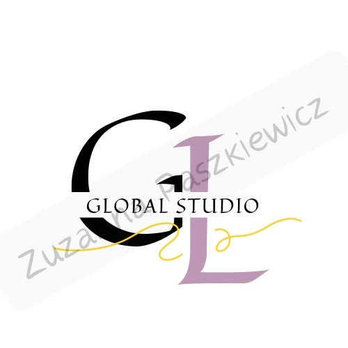 Dwie litery G oraz L. G w kolorze czarnym oraz przepołowione w połowie i napis Global Studio.Obok L w kolorze fioletowym i w połowie też puste gdzie przechodzi ten napis.